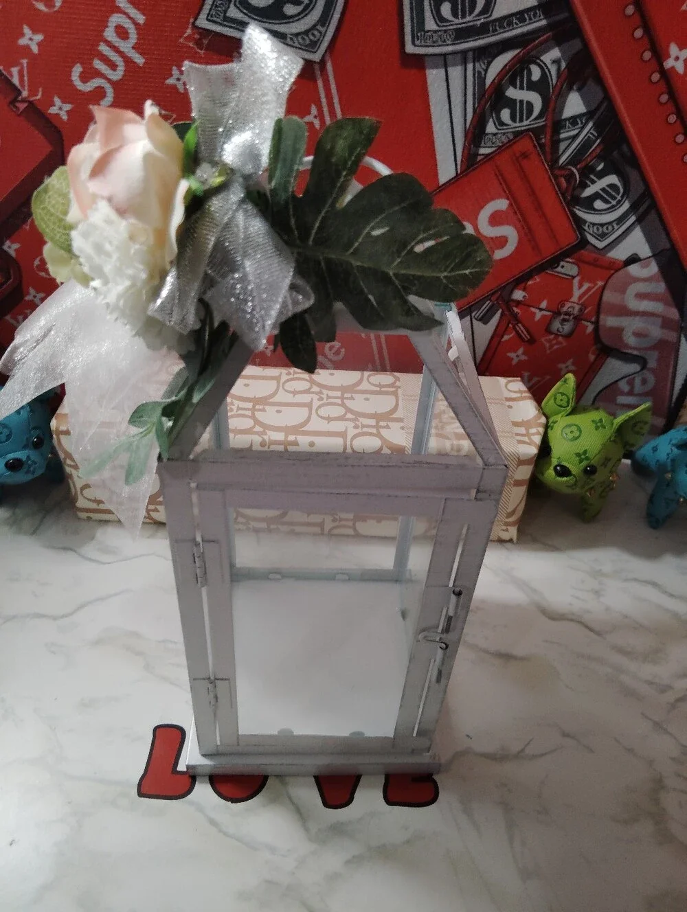 White Decorative Lantern with Pink Rose Accent - Home Accents